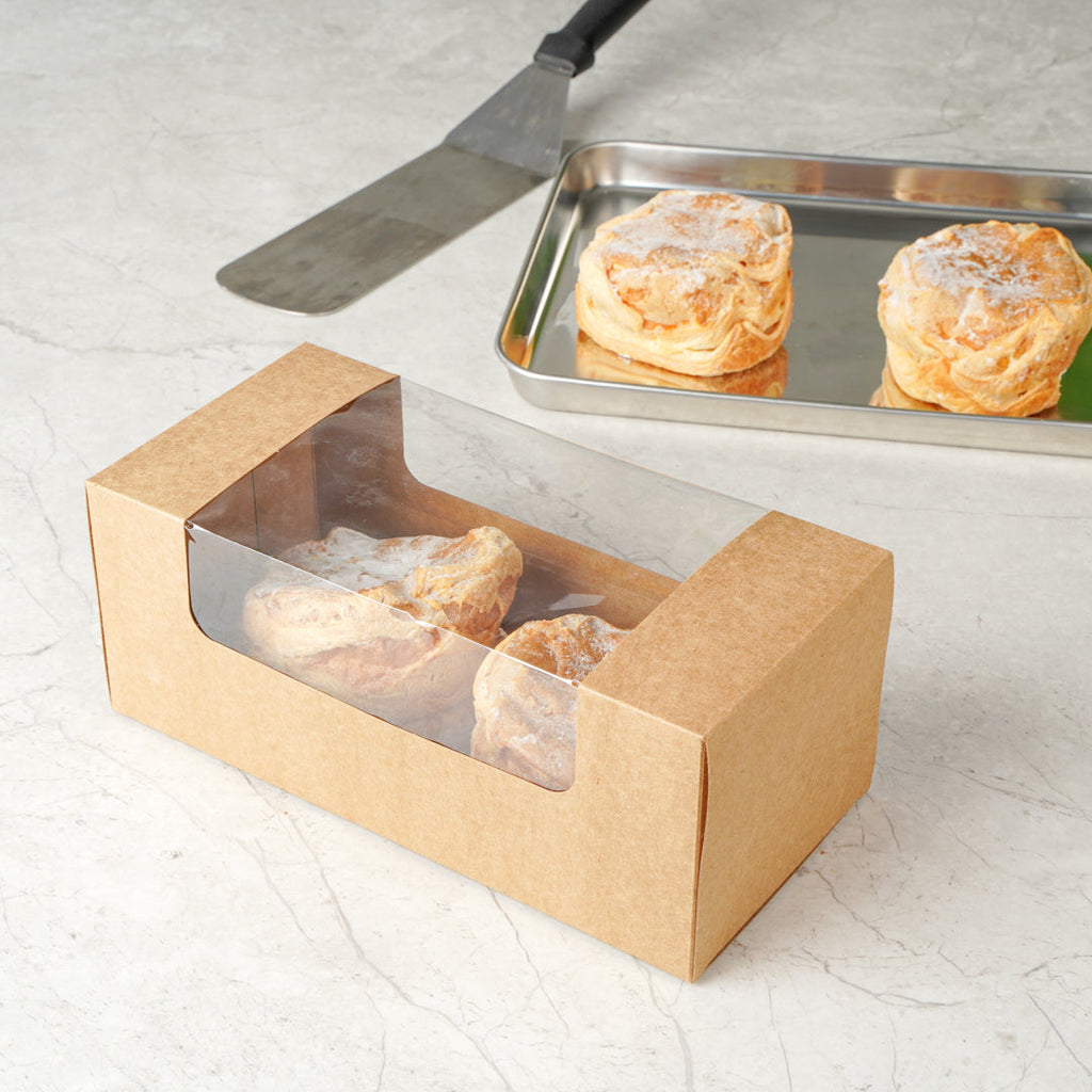 Pastry Tek Kraft Paper Pastry / Cake Box - with Window - 9 3/4" x 4 3/4" x 4" - 100 count box