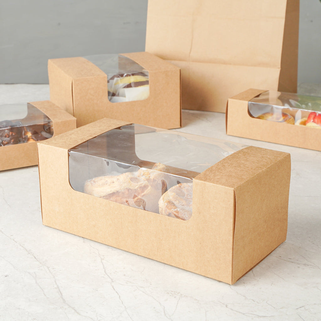 Pastry Tek Kraft Paper Pastry / Cake Box - with Window - 9 3/4" x 4 3/4" x 4" - 100 count box