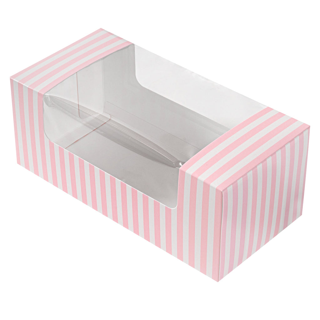 Pastry Tek Pink and White Stripe Paper Pastry / Cake Box - with Window - 9 3/4" x 4 3/4" x 4" - 100 count box