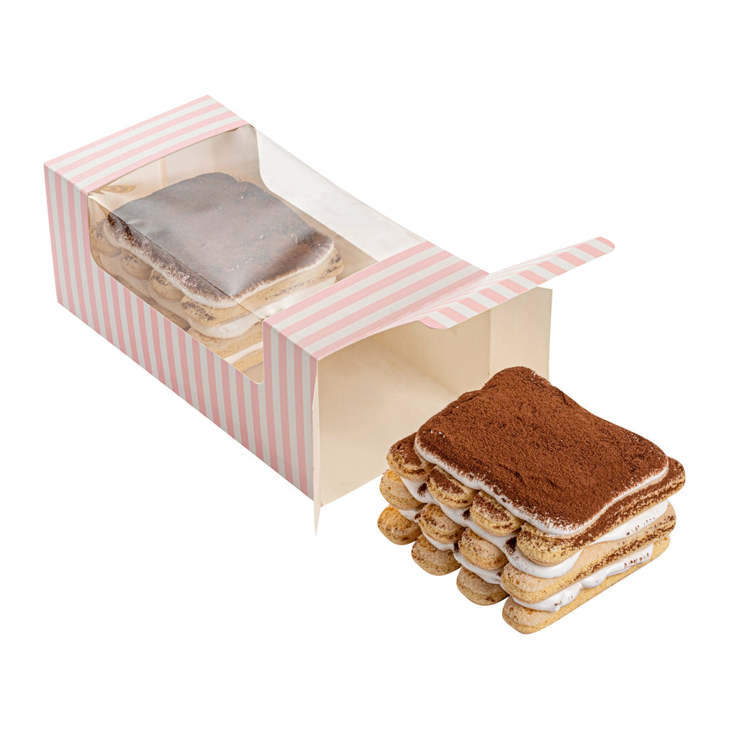 Pastry Tek Pink and White Stripe Paper Pastry / Cake Box - with Window - 9 3/4" x 4 3/4" x 4" - 100 count box