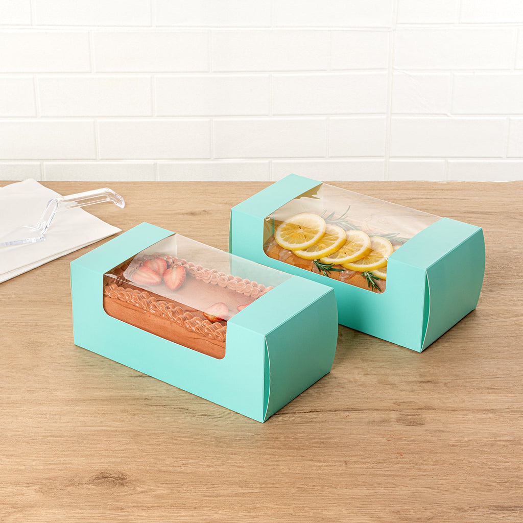 Pastry Tek Turquoise Paper Pastry / Cake Box - with Window - 9 3/4" x 4 3/4" x 4" - 100 count box