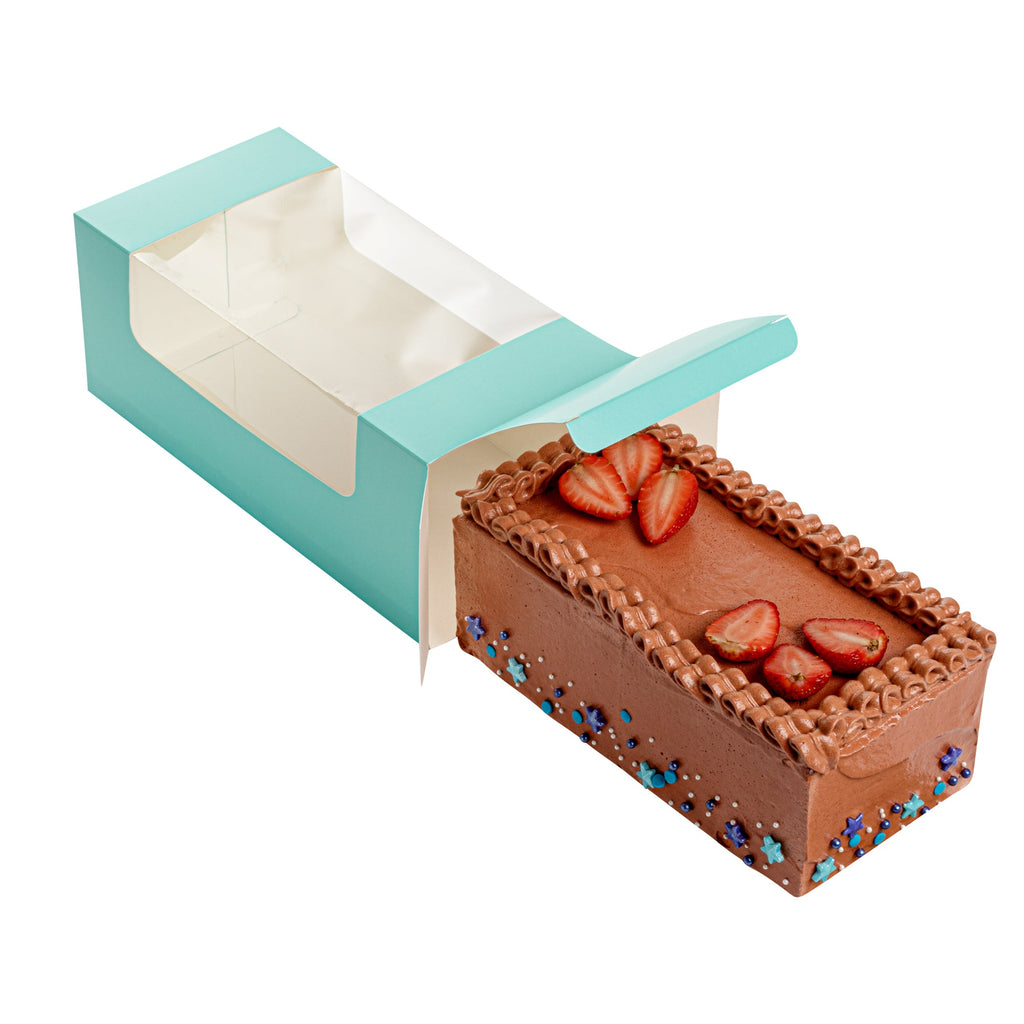 Pastry Tek Turquoise Paper Pastry / Cake Box - with Window - 9 3/4" x 4 3/4" x 4" - 100 count box