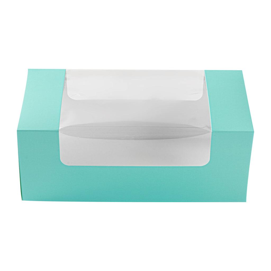Pastry Tek Turquoise Paper Pastry / Cake Box - with Window - 9 3/4" x 4 3/4" x 4" - 100 count box