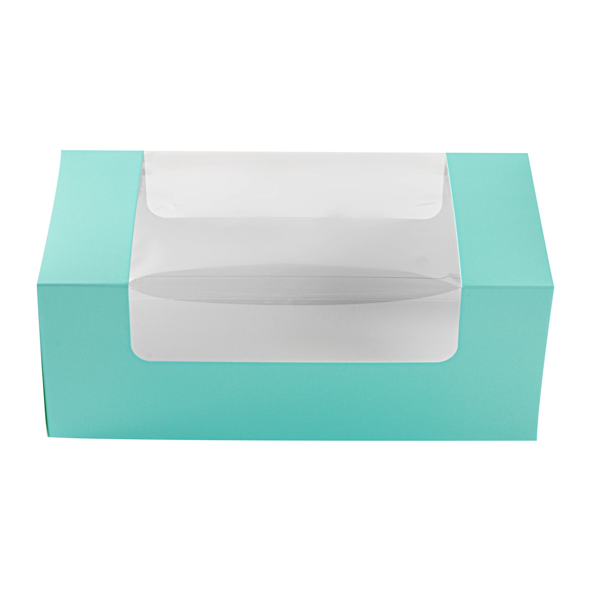 Pastry Tek Turquoise Paper Pastry / Cake Box - with Window - 9 3/4" x 4 3/4" x 4" - 100 count box