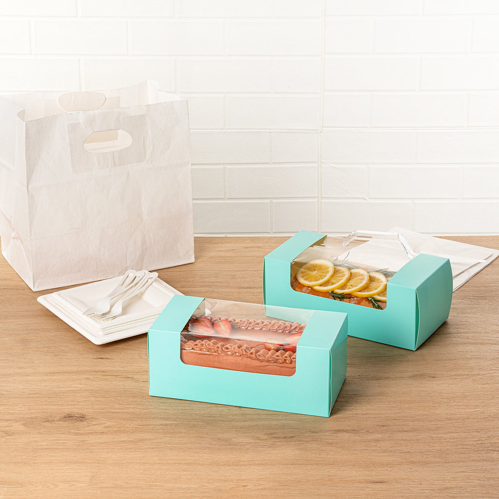 Pastry Tek Turquoise Paper Pastry / Cake Box - with Window - 9 3/4" x 4 3/4" x 4" - 100 count box