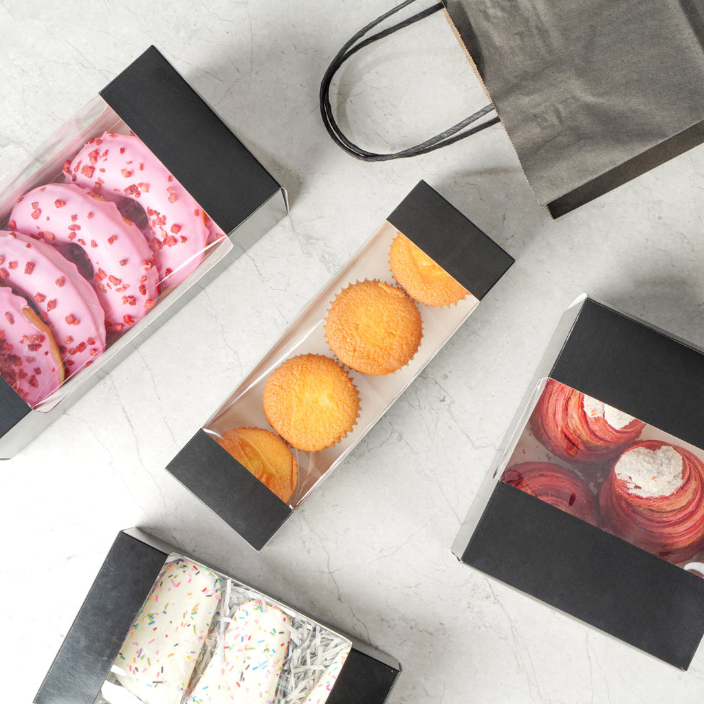 Pastry Tek Black Paper Pastry / Cake Box - with Window - 9 3/4" x 3 1/4" x 2 1/4" - 100 count box