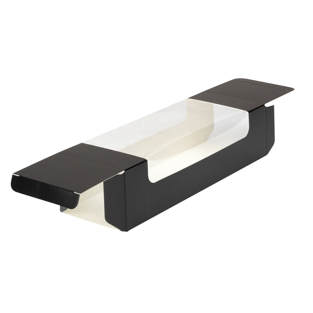 Pastry Tek Black Paper Pastry / Cake Box - with Window - 9 3/4" x 3 1/4" x 2 1/4" - 100 count box