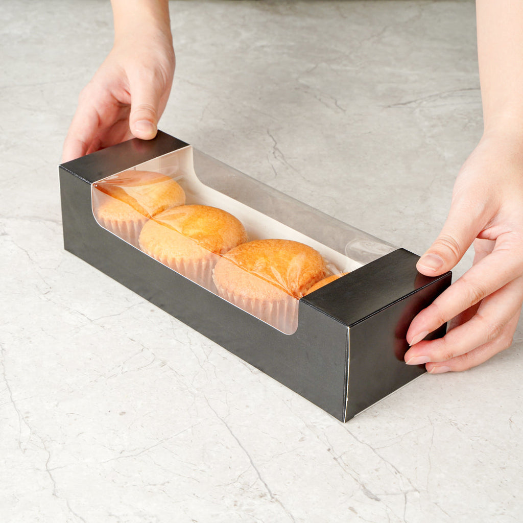 Pastry Tek Black Paper Pastry / Cake Box - with Window - 9 3/4" x 3 1/4" x 2 1/4" - 100 count box