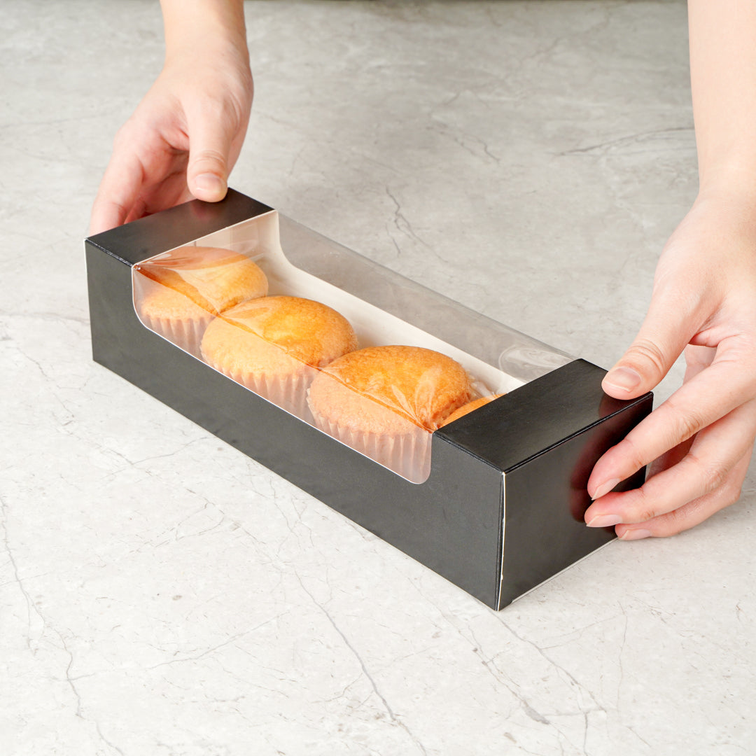 Pastry Tek Black Paper Pastry / Cake Box - with Window - 9 3/4" x 3 1/4" x 2 1/4" - 100 count box