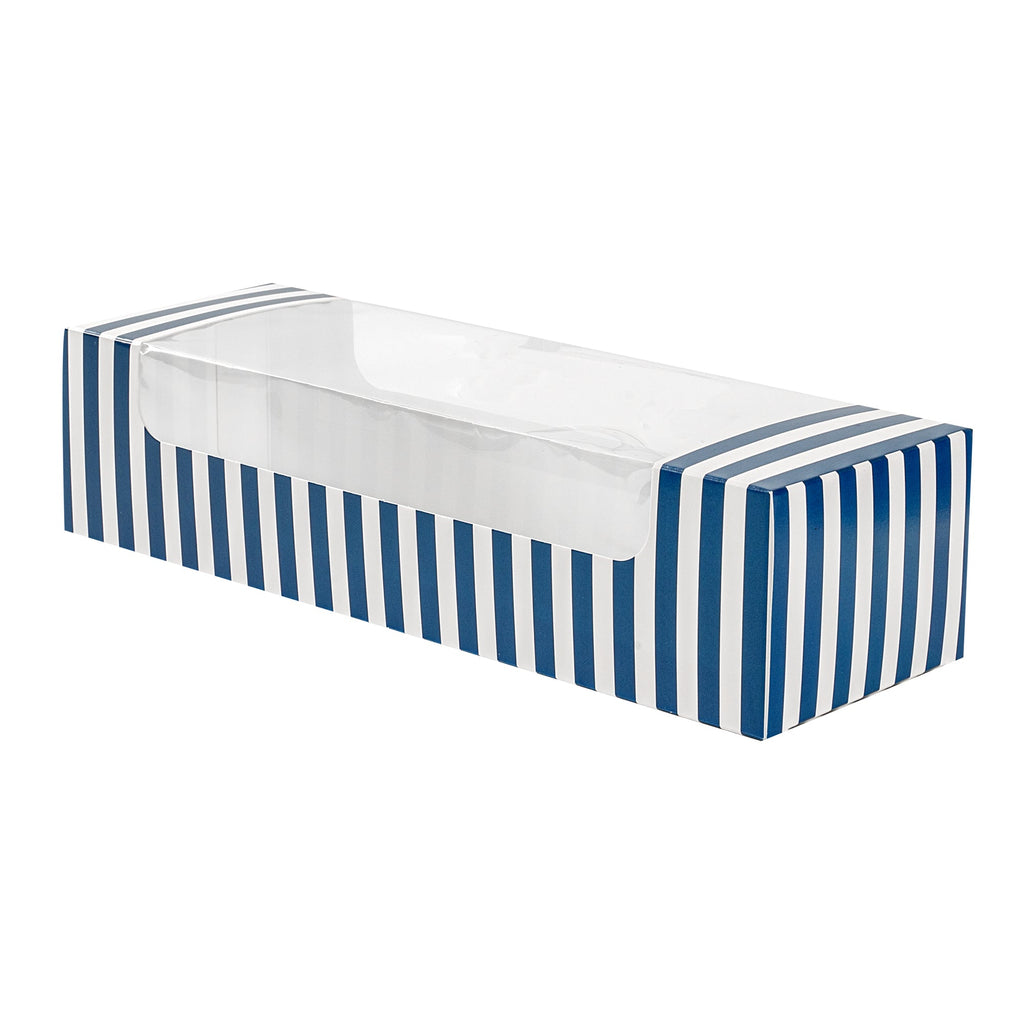 Pastry Tek Blue and White Stripe Paper Pastry / Cake Box - with Window - 9 3/4" x 3 1/4" x 2 1/4" - 100 count box