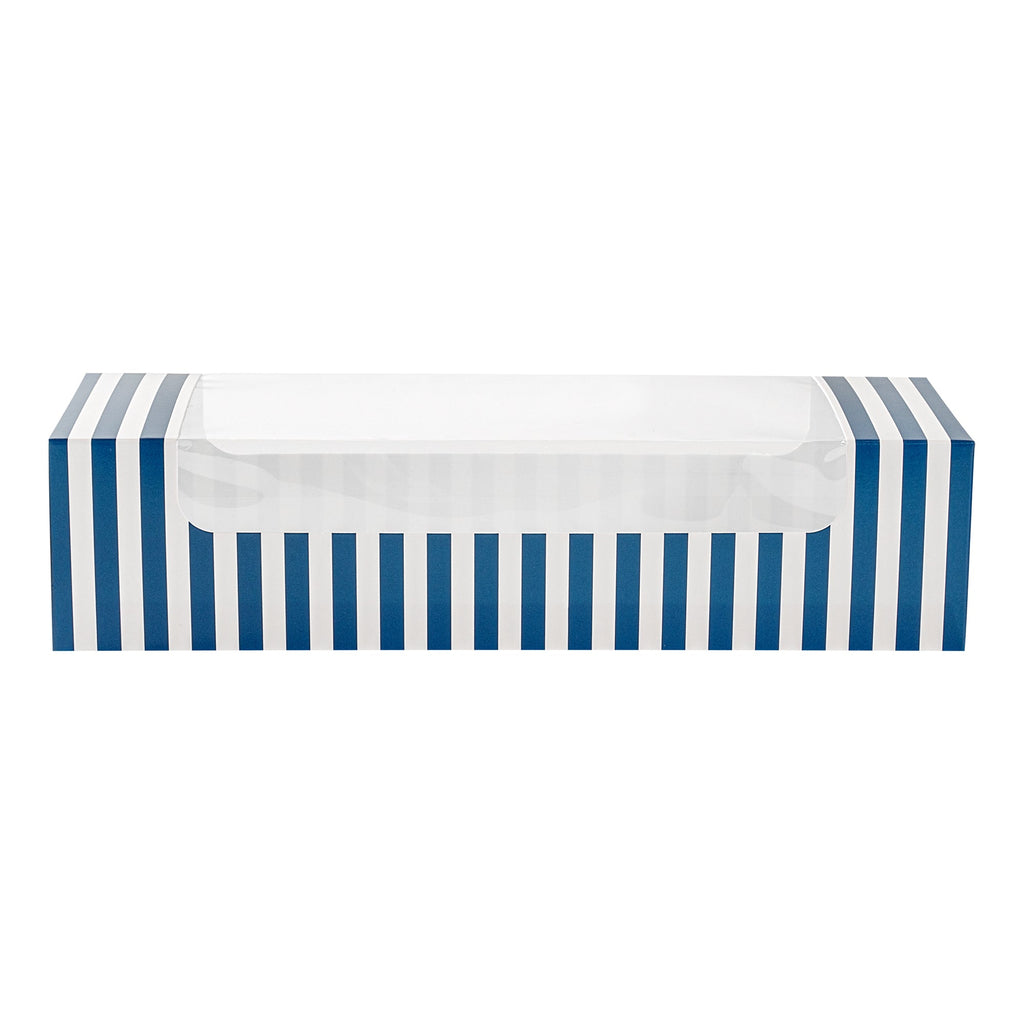 Pastry Tek Blue and White Stripe Paper Pastry / Cake Box - with Window - 9 3/4" x 3 1/4" x 2 1/4" - 100 count box