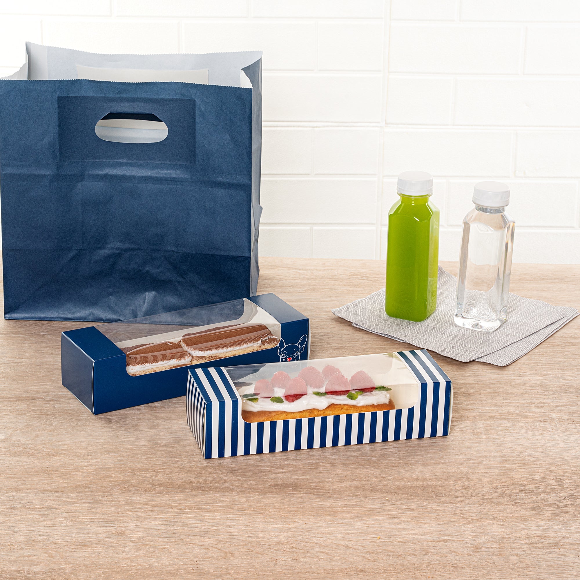Pastry Tek Blue and White Stripe Paper Pastry / Cake Box - with Window - 9 3/4" x 3 1/4" x 2 1/4" - 100 count box