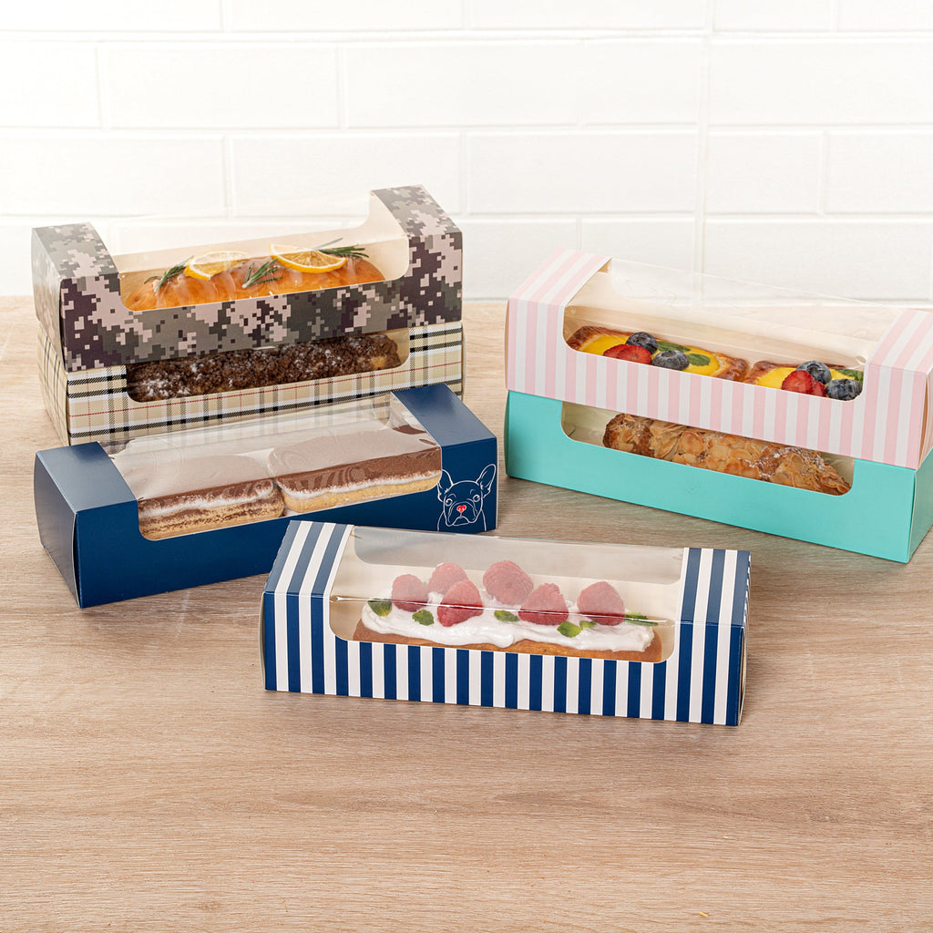 Pastry Tek Blue and White Stripe Paper Pastry / Cake Box - with Window - 9 3/4" x 3 1/4" x 2 1/4" - 100 count box