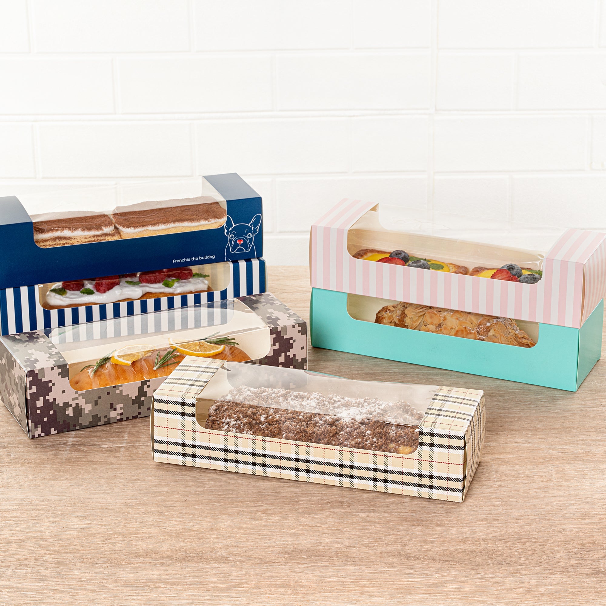 Pastry Tek Plaid Paper Pastry / Cake Box - with Window - 9 3/4" x 3 1/4" x 2 1/4" - 100 count box