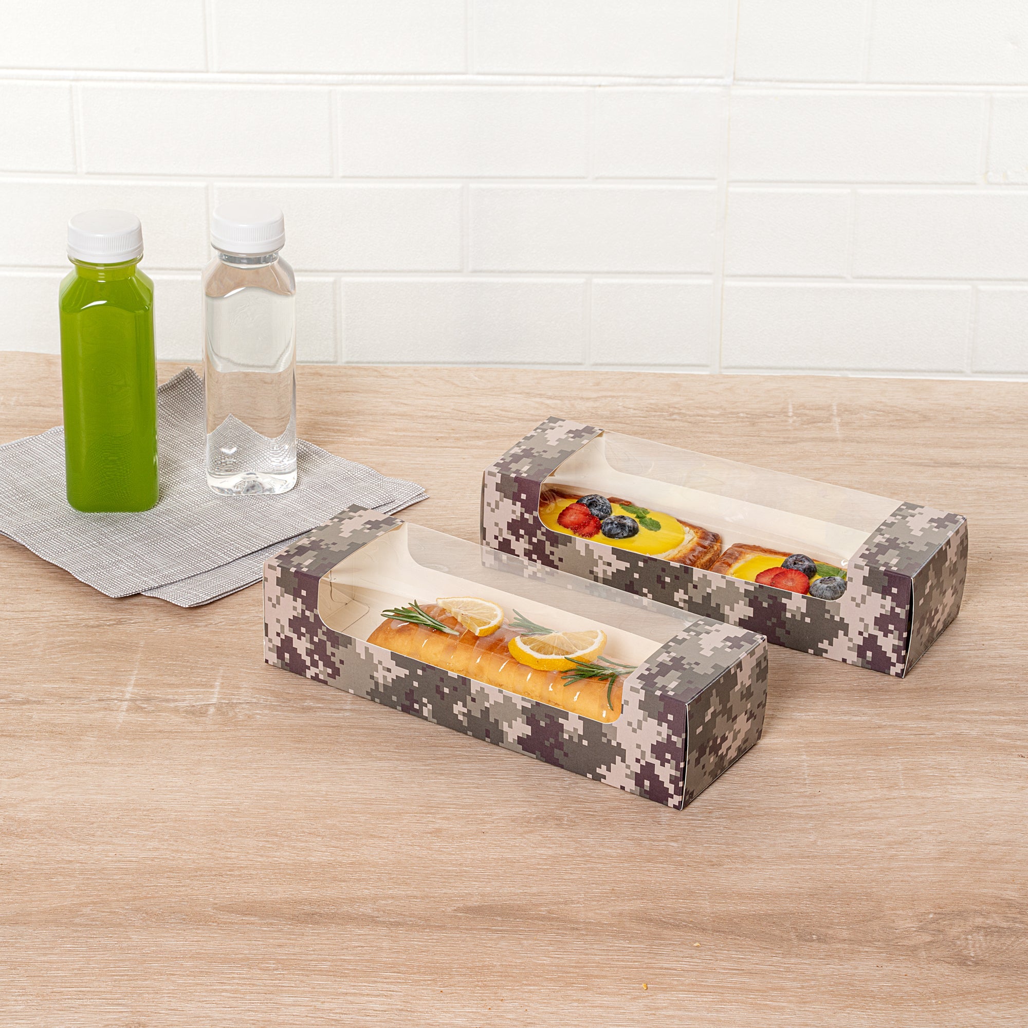 Pastry Tek Camouflage Paper Pastry / Cake Box - with Window - 9 3/4" x 3 1/4" x 2 1/4" - 100 count box