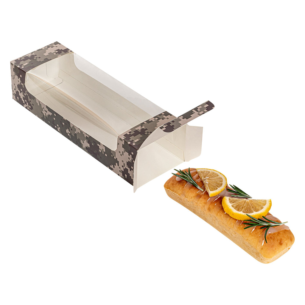 Pastry Tek Camouflage Paper Pastry / Cake Box - with Window - 9 3/4" x 3 1/4" x 2 1/4" - 100 count box