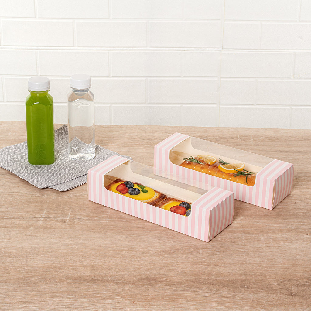 Pastry Tek Pink and White Stripe Paper Pastry / Cake Box - with Window - 9 3/4" x 3 1/4" x 2 1/4" - 100 count box