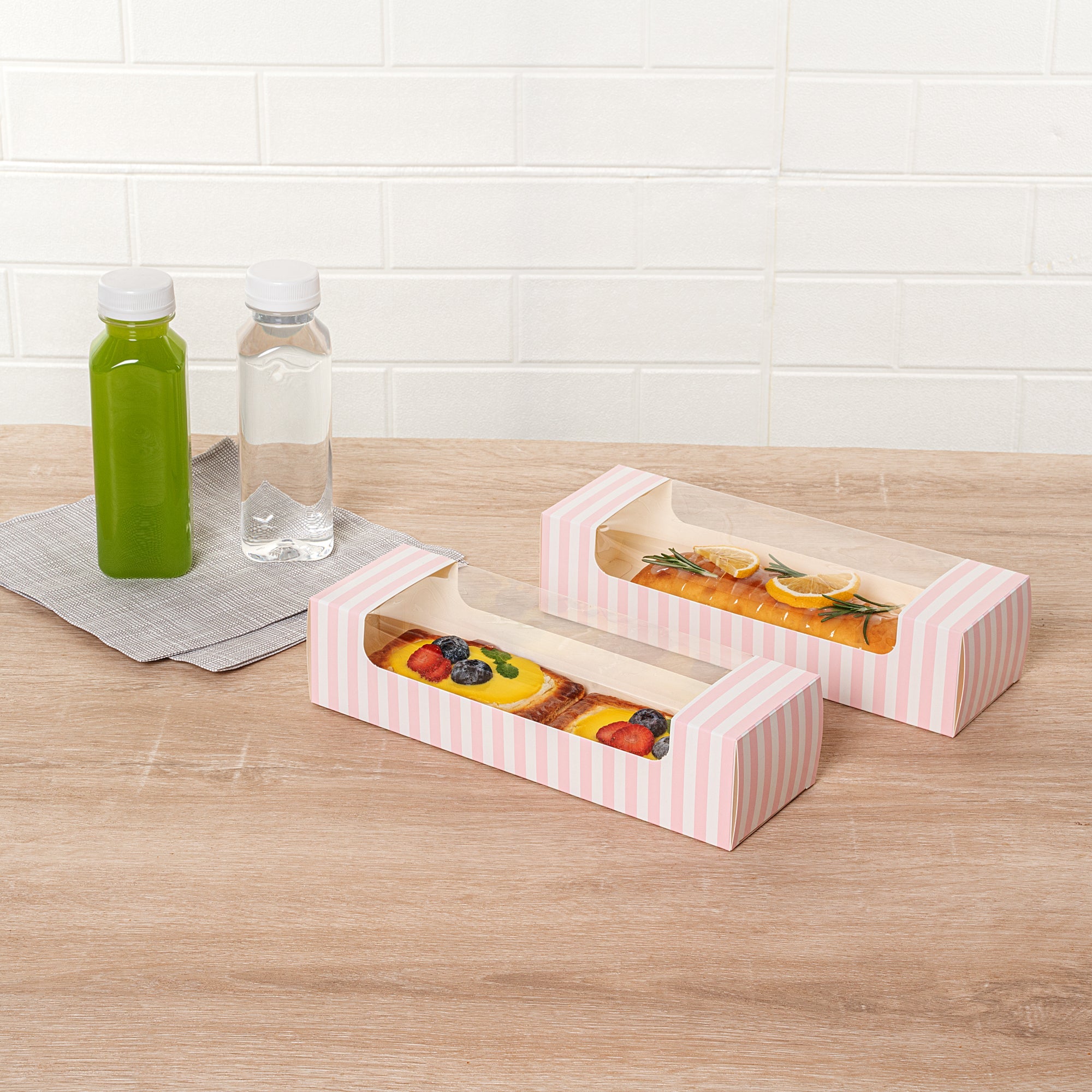 Pastry Tek Pink and White Stripe Paper Pastry / Cake Box - with Window - 9 3/4" x 3 1/4" x 2 1/4" - 100 count box