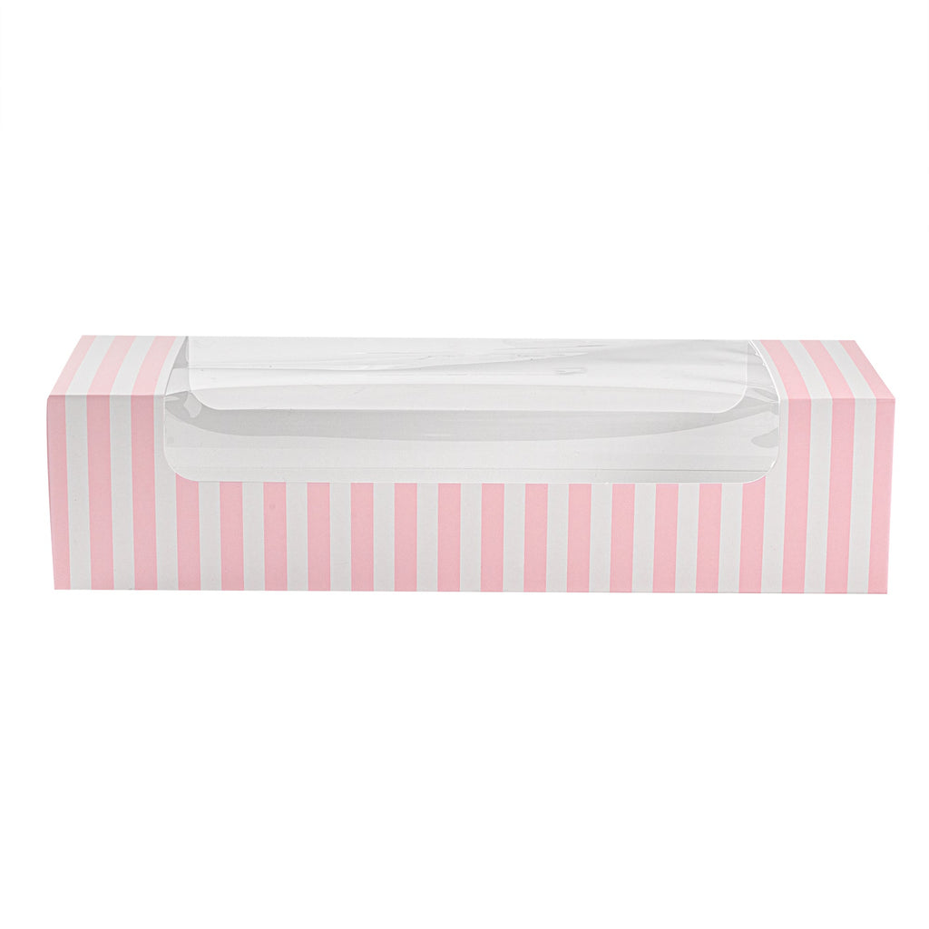 Pastry Tek Pink and White Stripe Paper Pastry / Cake Box - with Window - 9 3/4" x 3 1/4" x 2 1/4" - 100 count box