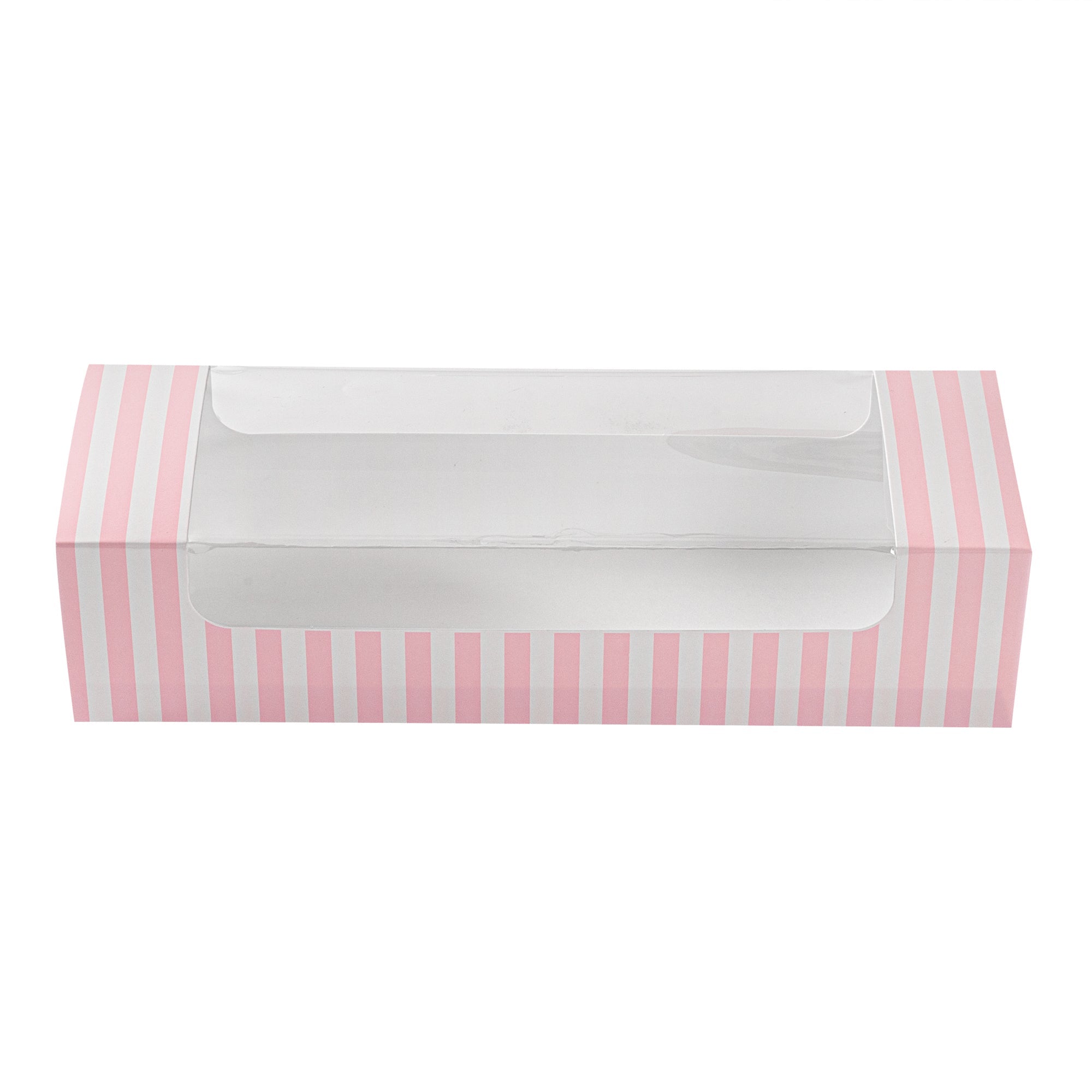Pastry Tek Pink and White Stripe Paper Pastry / Cake Box - with Window - 9 3/4" x 3 1/4" x 2 1/4" - 100 count box