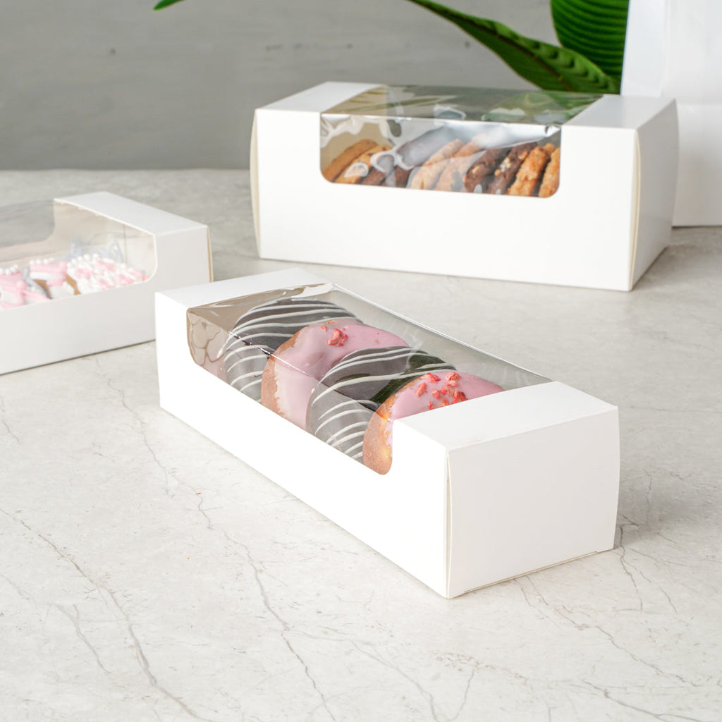 Pastry Tek White Paper Pastry / Cake Box - with Window - 9 3/4" x 3 1/4" x 2 1/4" - 100 count box