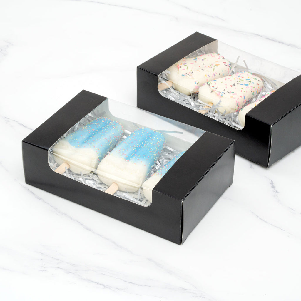 Pastry Tek Black Paper Pastry / Cake Box - with Window - 7 3/4" x 4 3/4" x 2 1/4" - 100 count box
