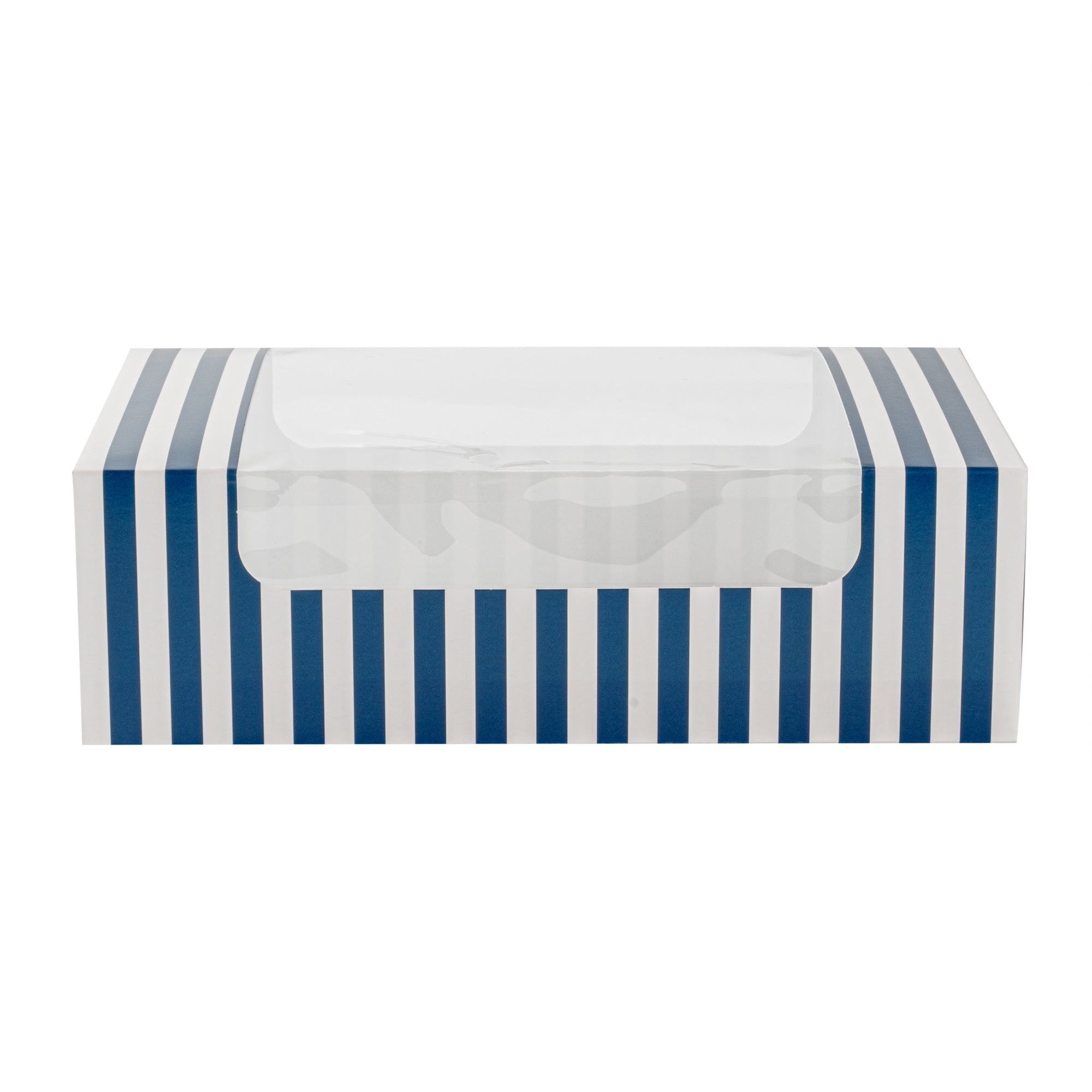 Pastry Tek Blue and White Stripe Paper Pastry / Cake Box - with Window - 7 3/4" x 4 3/4" x 2 1/4" - 100 count box