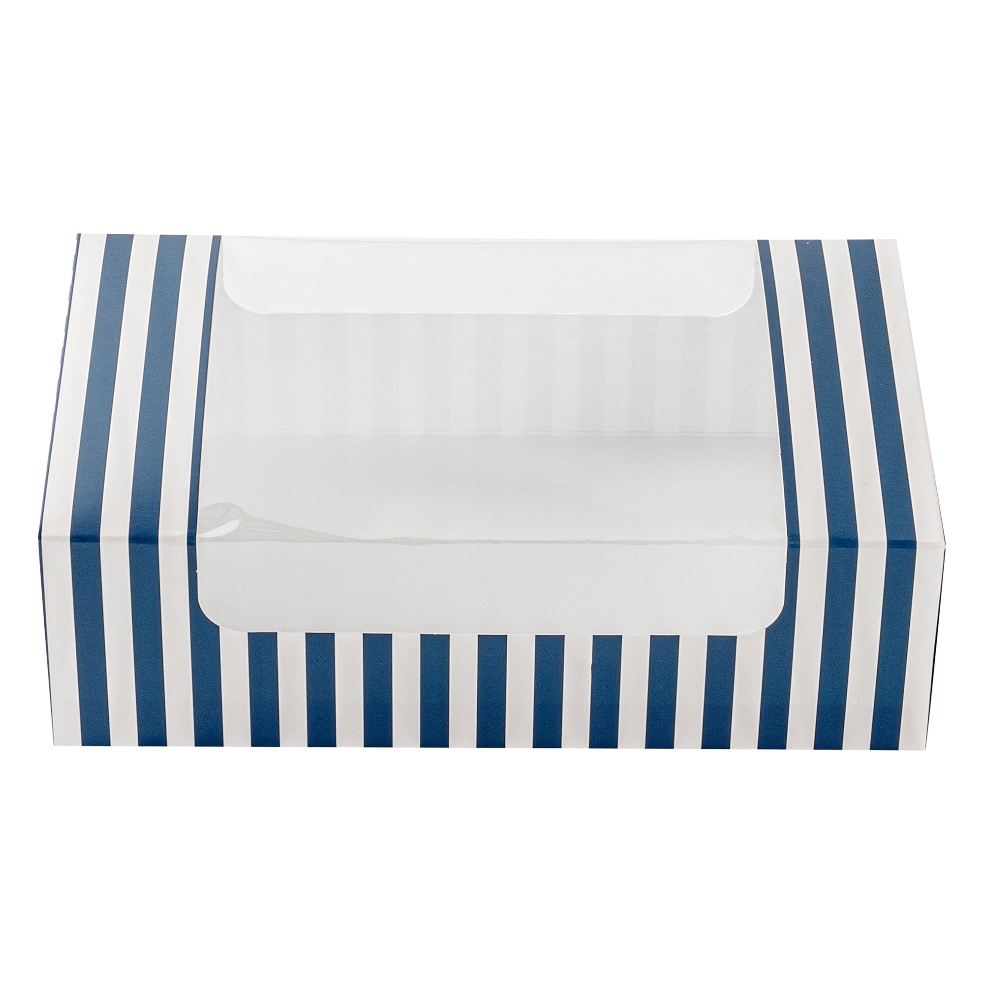 Pastry Tek Blue and White Stripe Paper Pastry / Cake Box - with Window - 7 3/4" x 4 3/4" x 2 1/4" - 100 count box