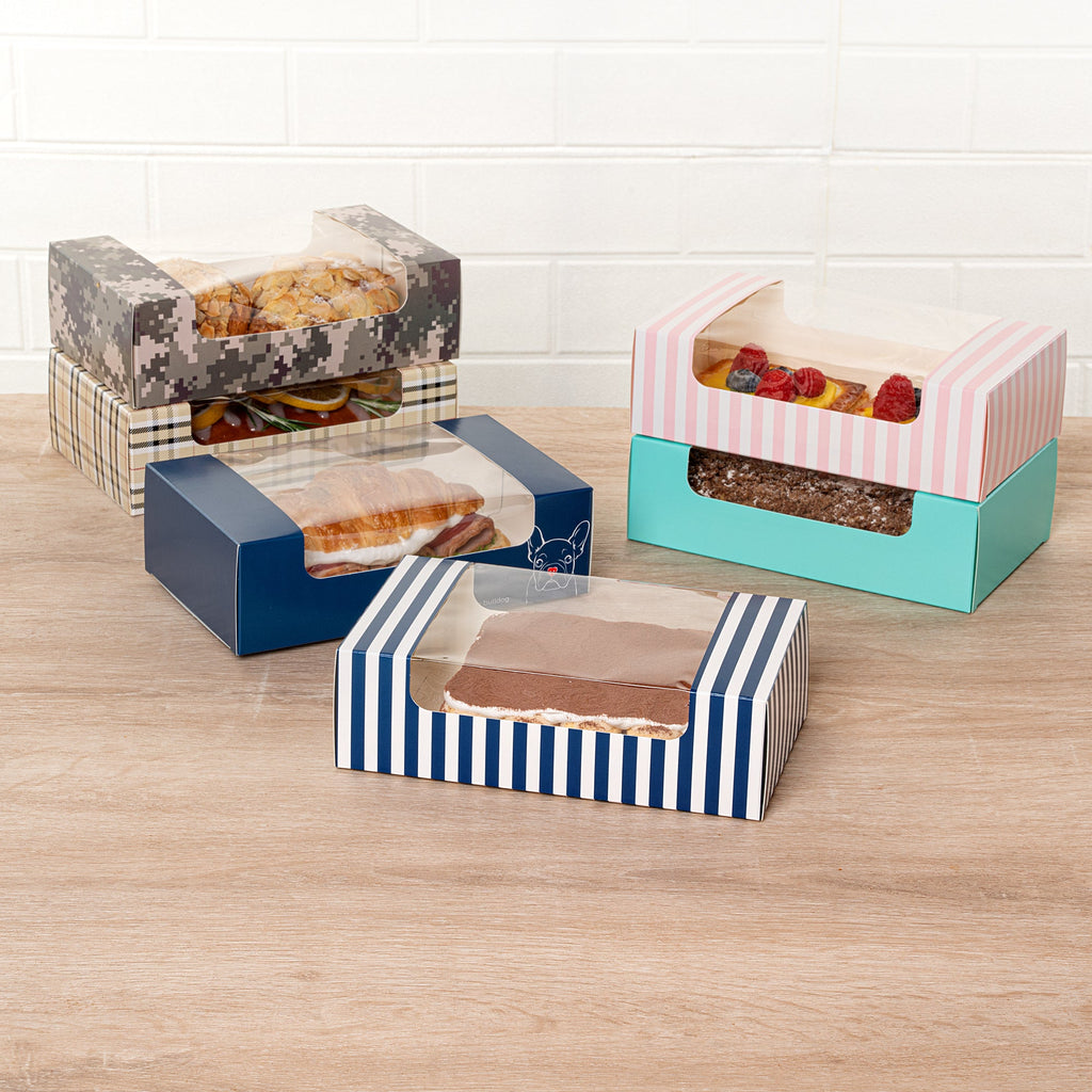 Pastry Tek Blue and White Stripe Paper Pastry / Cake Box - with Window - 7 3/4" x 4 3/4" x 2 1/4" - 100 count box