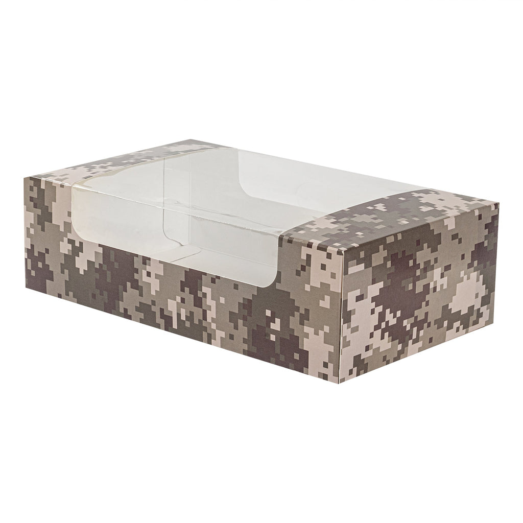 Pastry Tek Camouflage Paper Pastry / Cake Box - with Window - 7 3/4" x 4 3/4" x 2 1/4" - 100 count box
