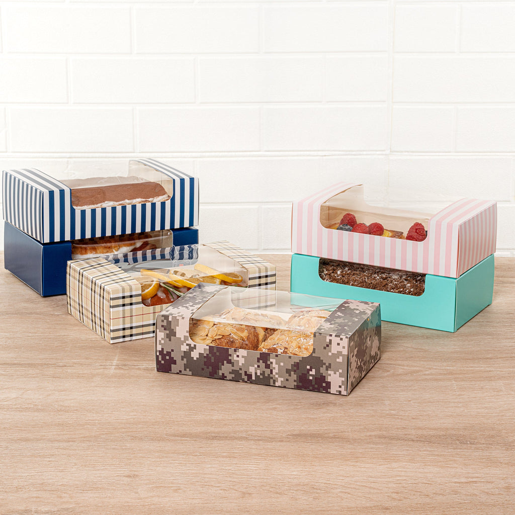 Pastry Tek Camouflage Paper Pastry / Cake Box - with Window - 7 3/4" x 4 3/4" x 2 1/4" - 100 count box