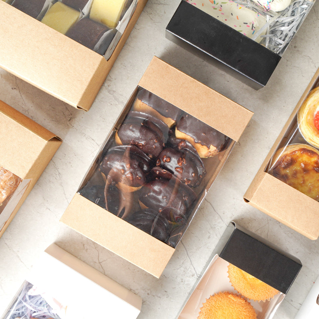 Pastry Tek Kraft Paper Pastry / Cake Box - with Window - 7 3/4" x 4 3/4" x 2 1/4" - 100 count box
