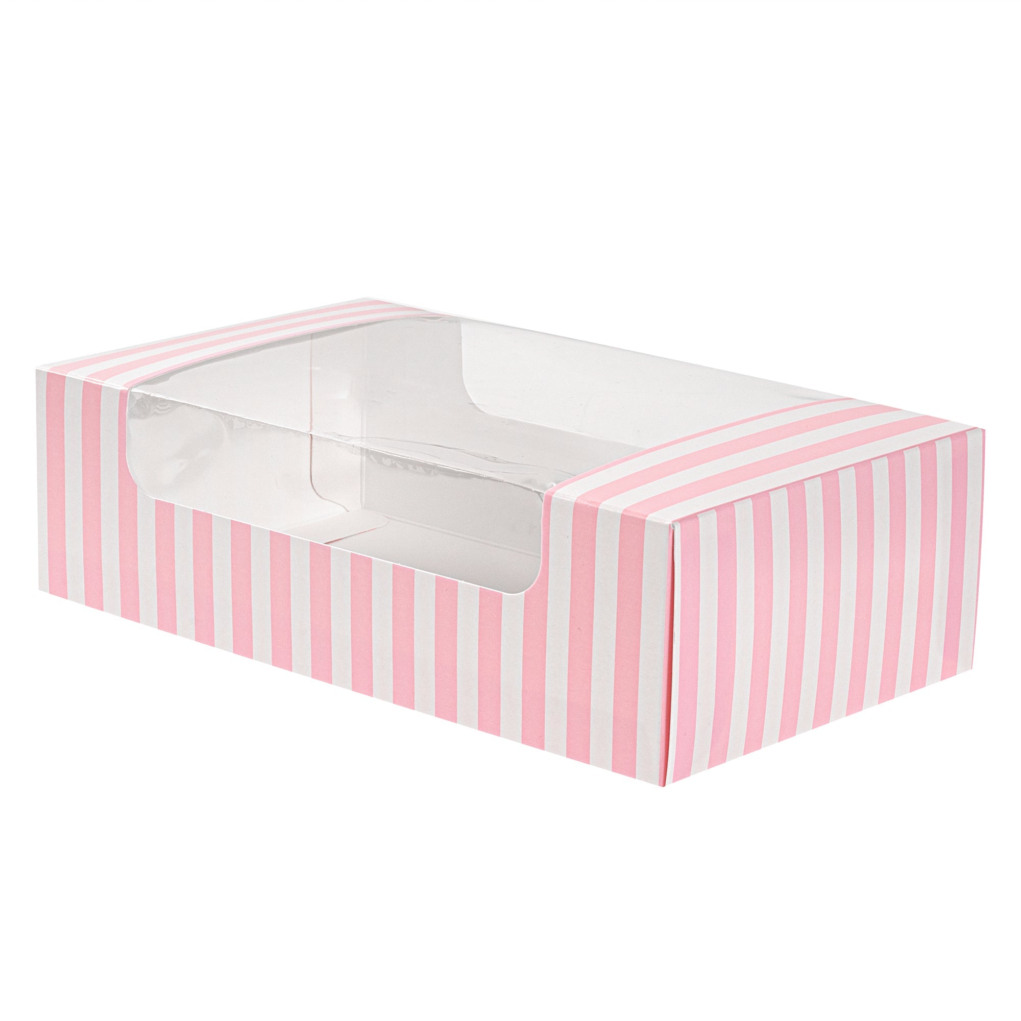 Pastry Tek Pink and White Stripe Paper Pastry / Cake Box - with Window - 7 3/4" x 4 3/4" x 2 1/4" - 100 count box