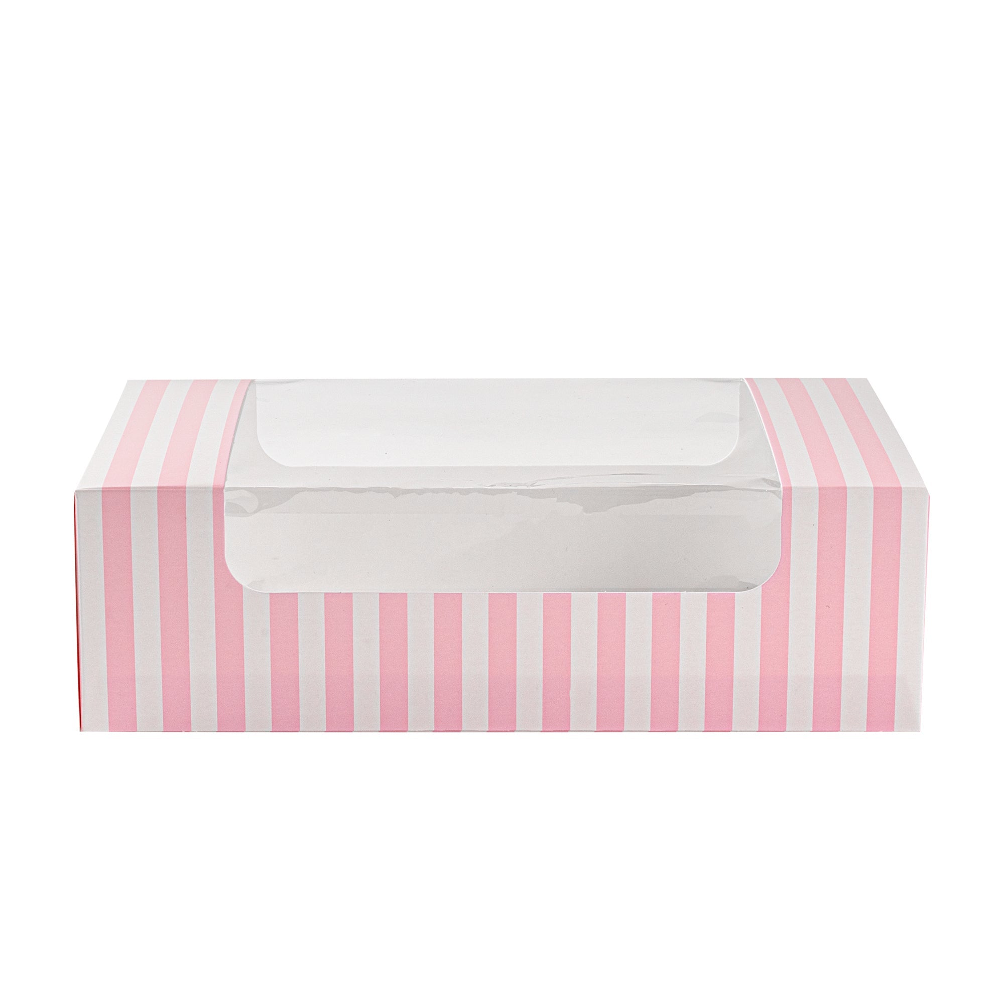 Pastry Tek Pink and White Stripe Paper Pastry / Cake Box - with Window - 7 3/4" x 4 3/4" x 2 1/4" - 100 count box