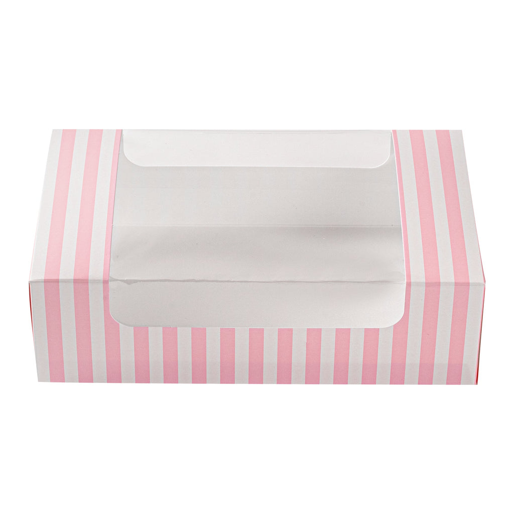 Pastry Tek Pink and White Stripe Paper Pastry / Cake Box - with Window - 7 3/4" x 4 3/4" x 2 1/4" - 100 count box