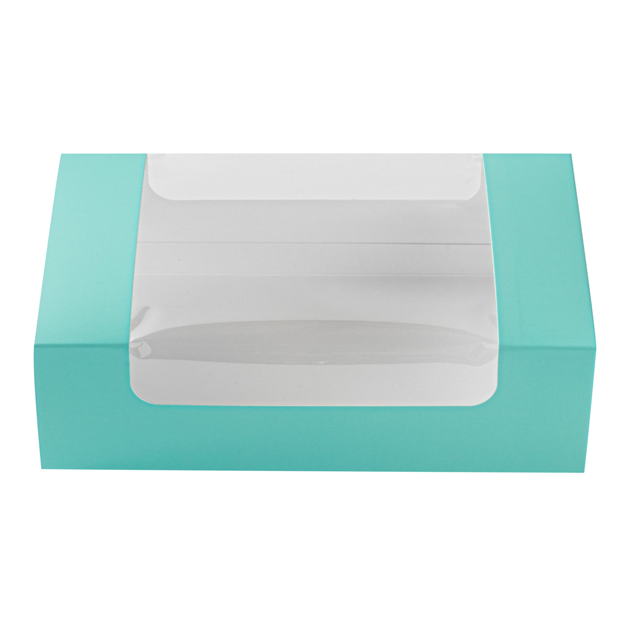 Pastry Tek Turquoise Paper Pastry / Cake Box - with Window - 7 3/4" x 4 3/4" x 2 1/4" - 100 count box
