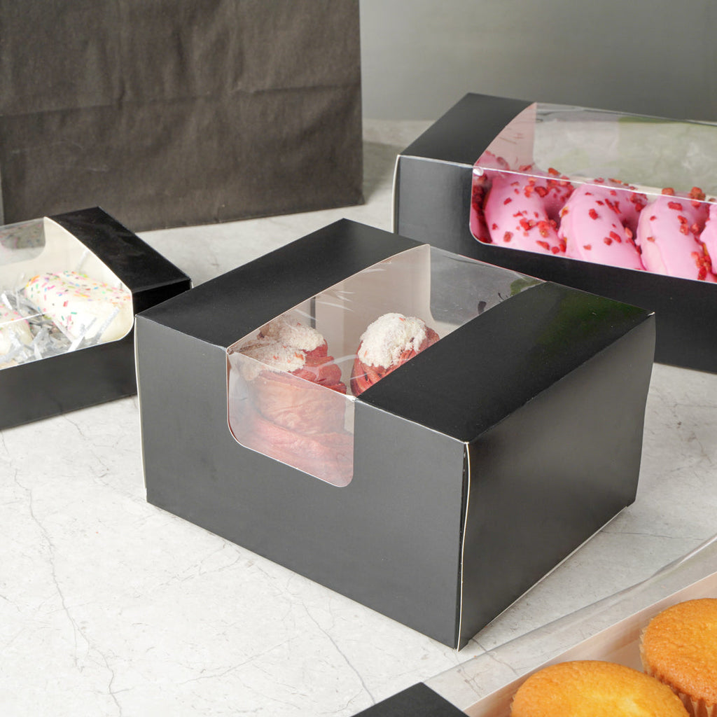 Pastry Tek Black Paper Pastry / Cake Box - with Window - 7" x 6" x 4" - 100 count box