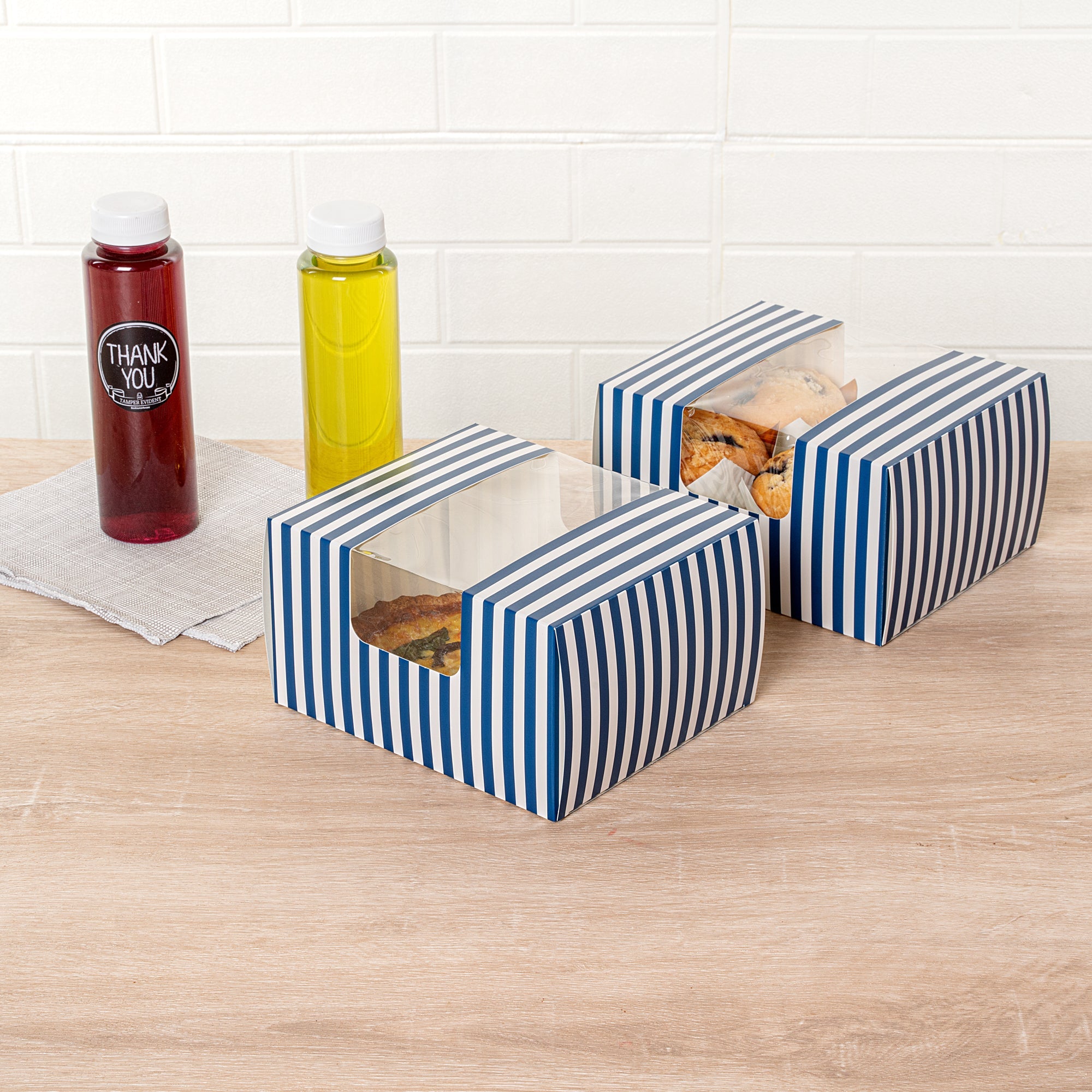 Pastry Tek Blue and White Stripe Paper Pastry / Cake Box - with Window - 7" x 6" x 4"- 100 count box