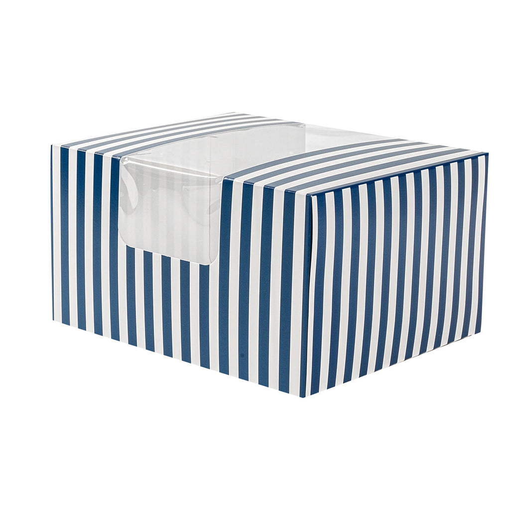 Pastry Tek Blue and White Stripe Paper Pastry / Cake Box - with Window - 7" x 6" x 4"- 100 count box