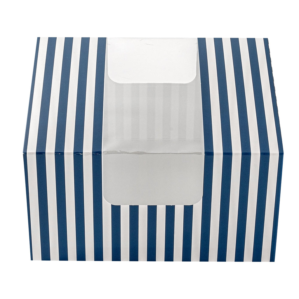 Pastry Tek Blue and White Stripe Paper Pastry / Cake Box - with Window - 7" x 6" x 4"- 100 count box