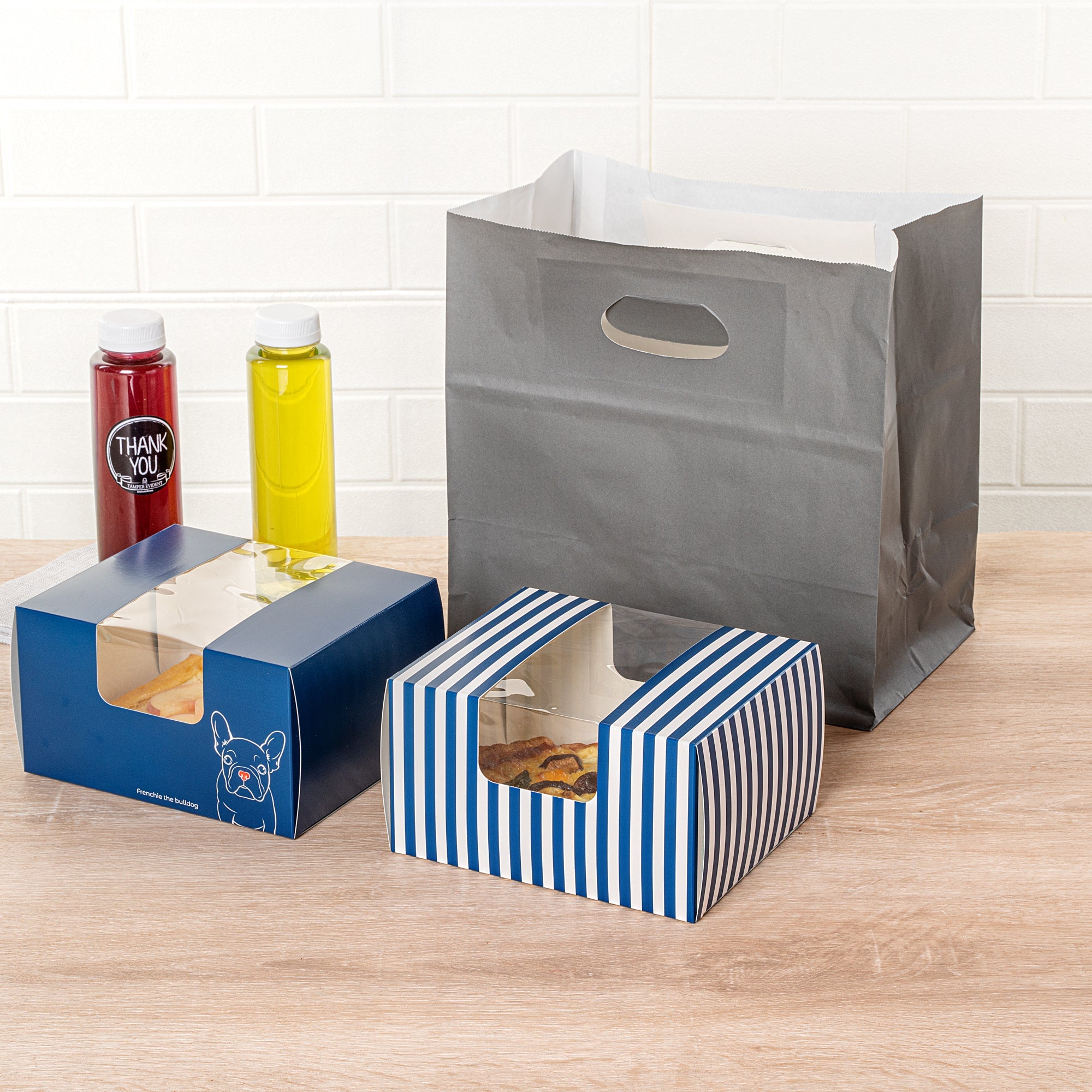 Pastry Tek Blue and White Stripe Paper Pastry / Cake Box - with Window - 7" x 6" x 4"- 100 count box