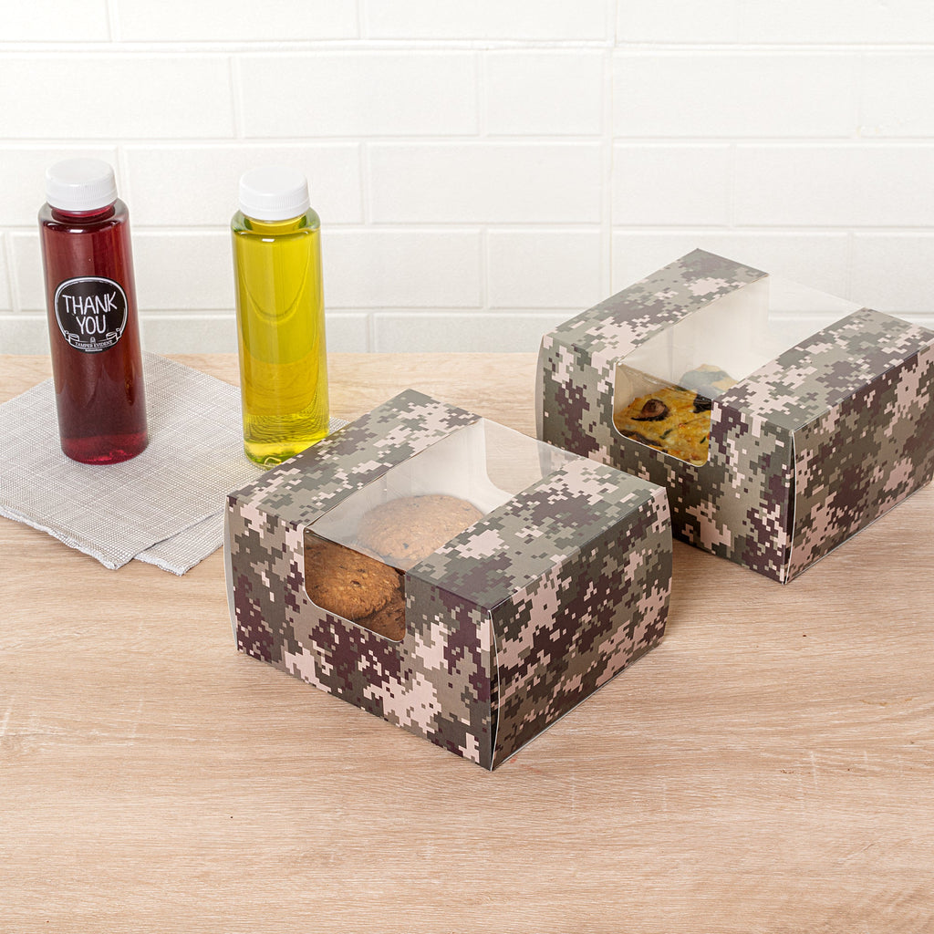 Pastry Tek Camouflage Paper Pastry / Cake Box - with Window - 7" x 6" x 4" - 100 count box