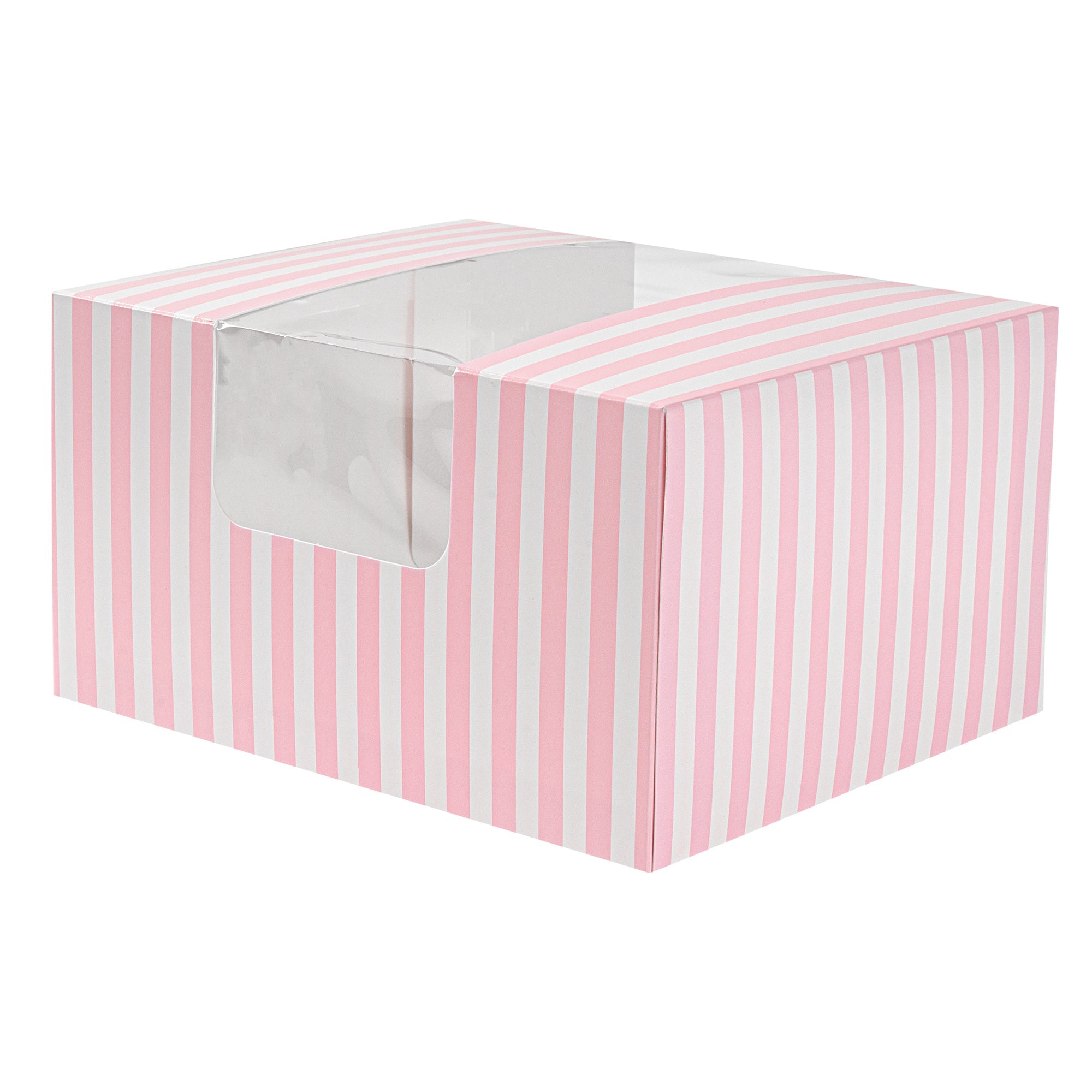 Pastry Tek Pink and White Stripe Paper Pastry / Cake Box - with Window - 7" x 6" x 4" - 100 count box