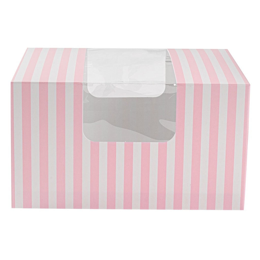 Pastry Tek Pink and White Stripe Paper Pastry / Cake Box - with Window - 7" x 6" x 4" - 100 count box
