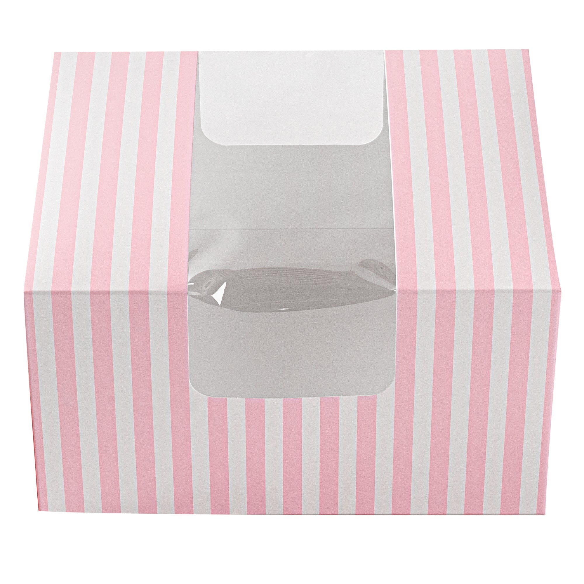 Pastry Tek Pink and White Stripe Paper Pastry / Cake Box - with Window - 7" x 6" x 4" - 100 count box