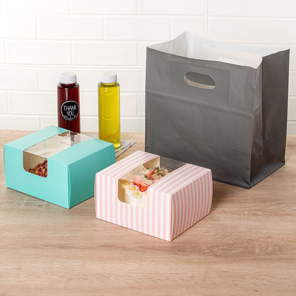 Pastry Tek Pink and White Stripe Paper Pastry / Cake Box - with Window - 7" x 6" x 4" - 100 count box
