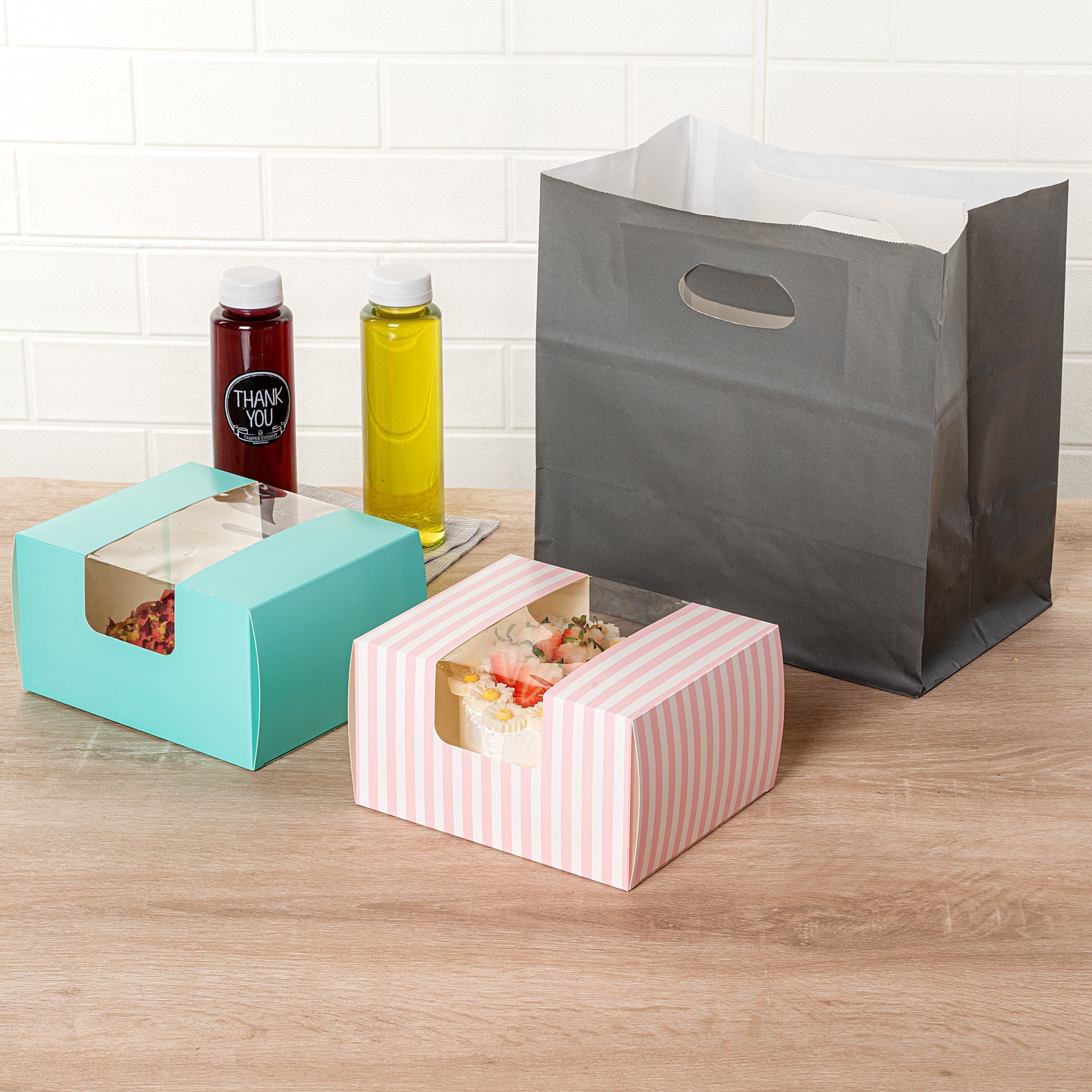 Pastry Tek Pink and White Stripe Paper Pastry / Cake Box - with Window - 7" x 6" x 4" - 100 count box