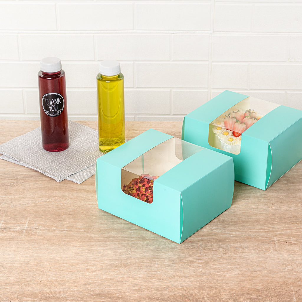 Pastry Tek Turquoise Paper Pastry / Cake Box - with Window - 7" x 6" x 4" - 100 count box