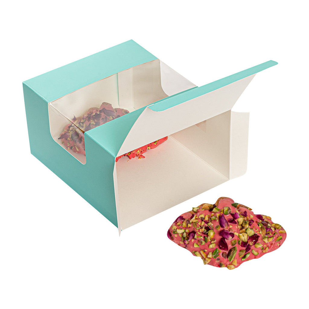 Pastry Tek Turquoise Paper Pastry / Cake Box - with Window - 7" x 6" x 4" - 100 count box