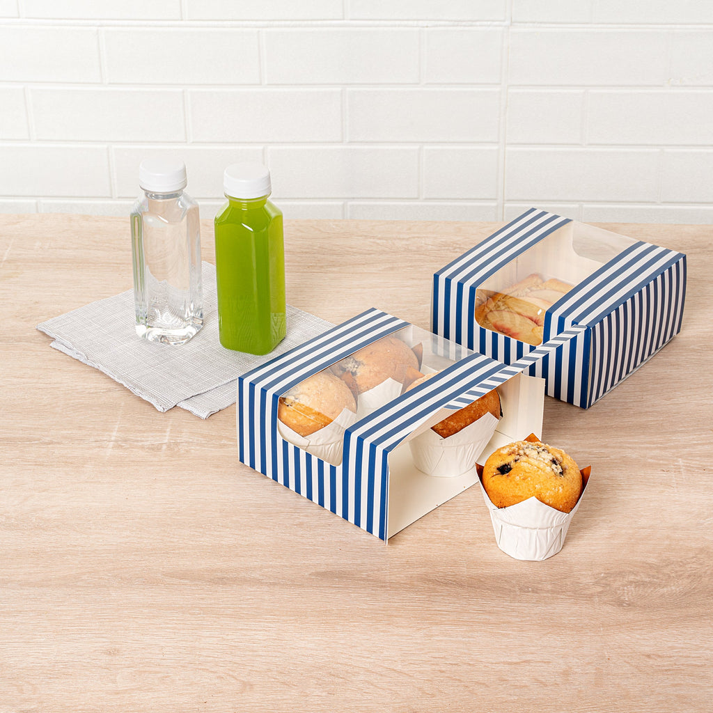 Pastry Tek Blue and White Stripe Paper Pastry / Cake Box - with Window - 6 1/4" x 6 1/4" x 3 1/4" - 100 count box